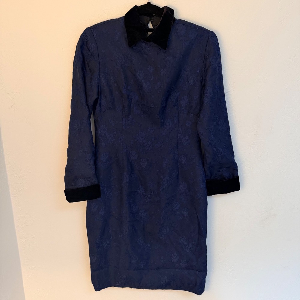 Vtg 80s Womens M Navy Floral Brocade Dress Velvet‎ Collar/Cuffs Dark Coquette